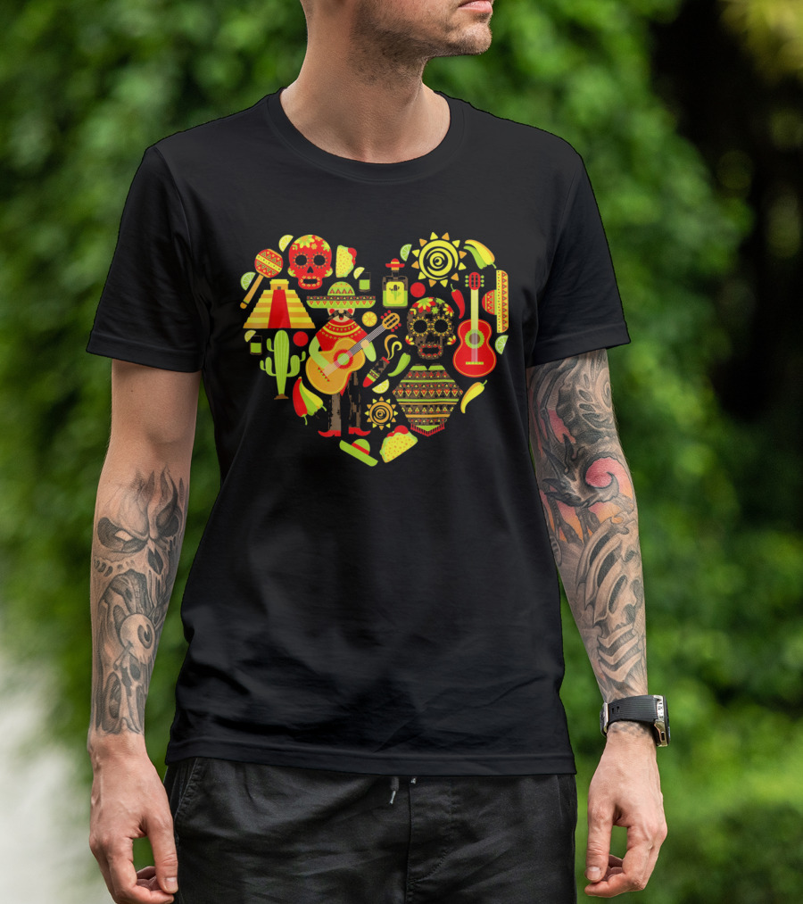 Cinco De Mayo Love Skull Guitar Cactus Sombrero Heart T-Shirt