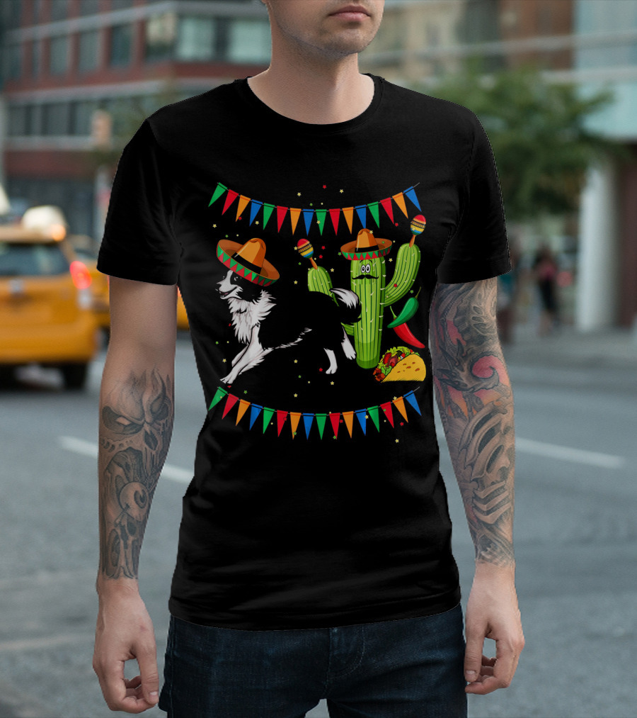 Sombrero Border Collie Dog Cactus Taco Mexico Cinco T-Shirt
