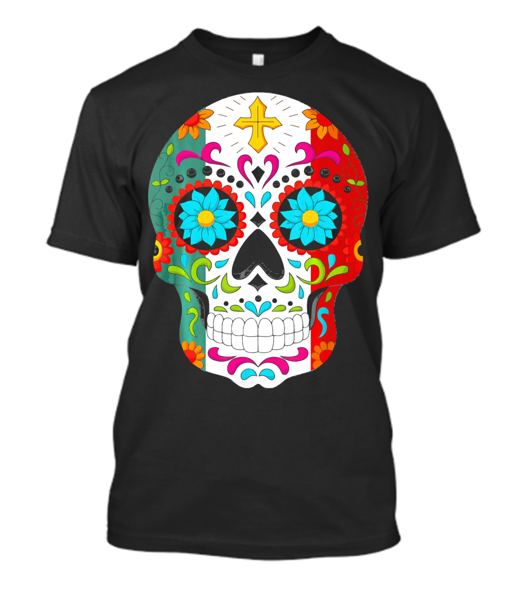 Day Of The Dead Sugar Skull Cinco De Mayo Mexican Flag Colors T-Shirt