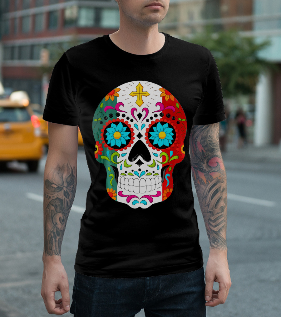 Day of the Dead Sugar Skull Cinco de Mayo Mexican Flag Colors T-Shirt