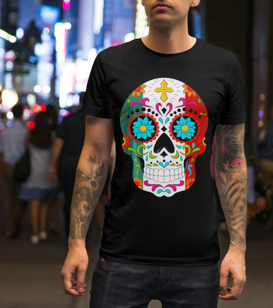 Day Of The Dead Sugar Skull Cinco De Mayo Mexican Flag Colors T-Shirt
