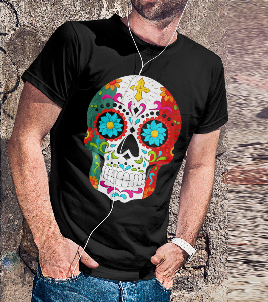 Day Of The Dead Sugar Skull Cinco De Mayo Mexican Flag Colors T-Shirt