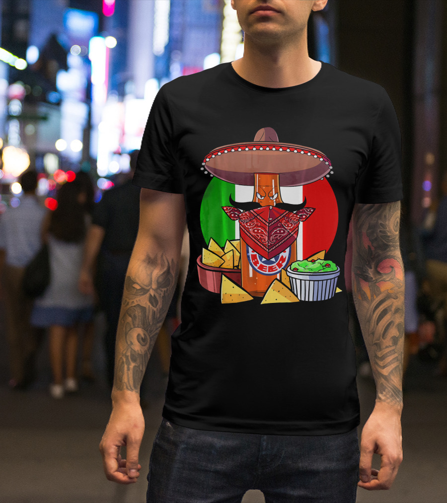 Funny Cinco De Mayo Beer Bottle With Sombrero And Guacamole Fiesta Napkin Bandana T-Shirt
