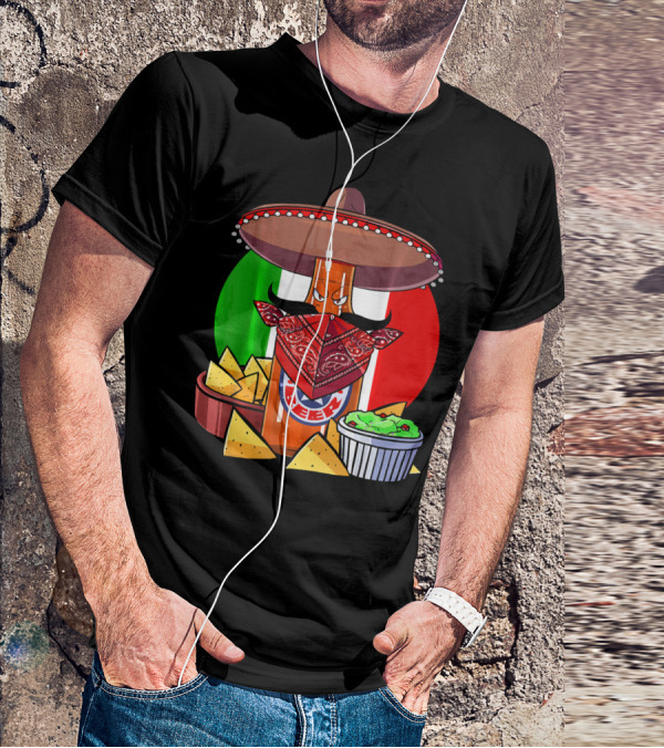 Funny Cinco De Mayo Beer Bottle With Sombrero And Guacamole Fiesta Napkin Bandana T-Shirt