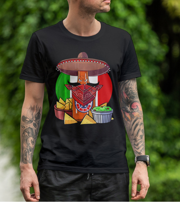 Funny Cinco De Mayo Beer Bottle With Sombrero And Guacamole Fiesta Napkin Bandana T-Shirt