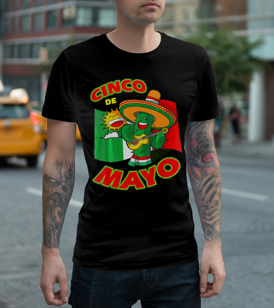 Cinco De Mayo Fiesta Cactus Sombrero Guitar Mexican Flag T-Shirt