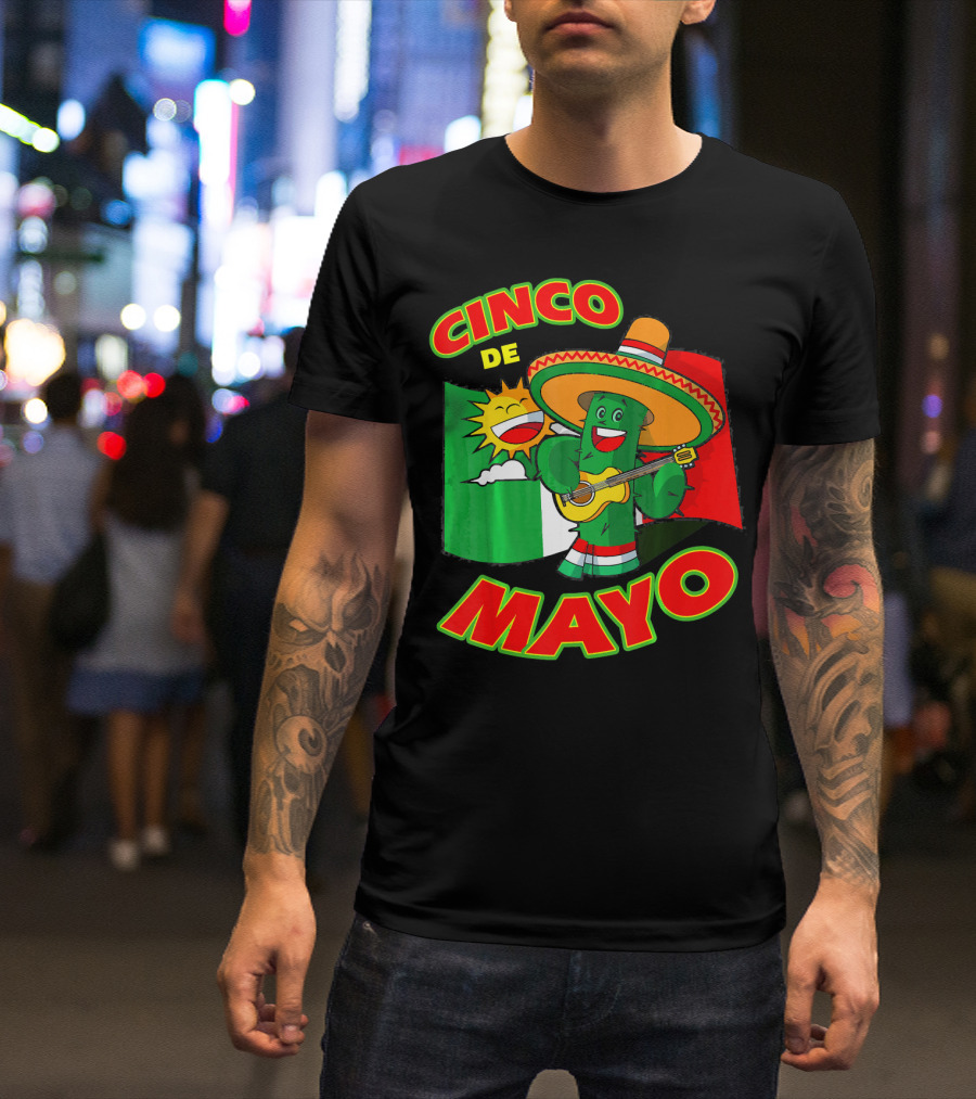 Cinco De Mayo Fiesta Cactus Sombrero Guitar Mexican Flag T-Shirt