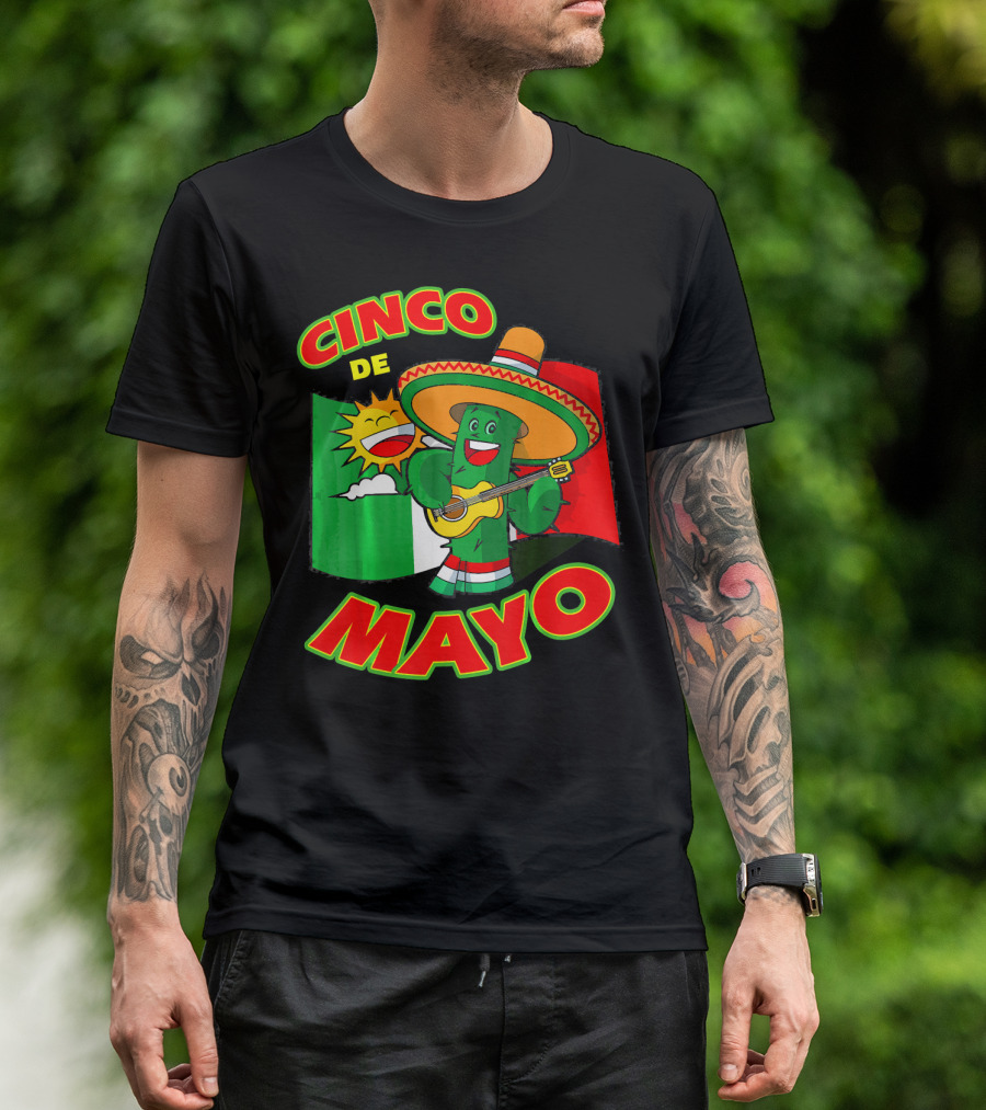 Cinco De Mayo Fiesta Cactus Sombrero Guitar Mexican Flag T-Shirt