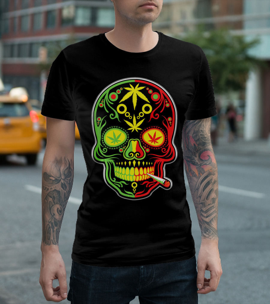 Weed Sugar Skull Marijuana Canna Rasta Colors T-Shirt