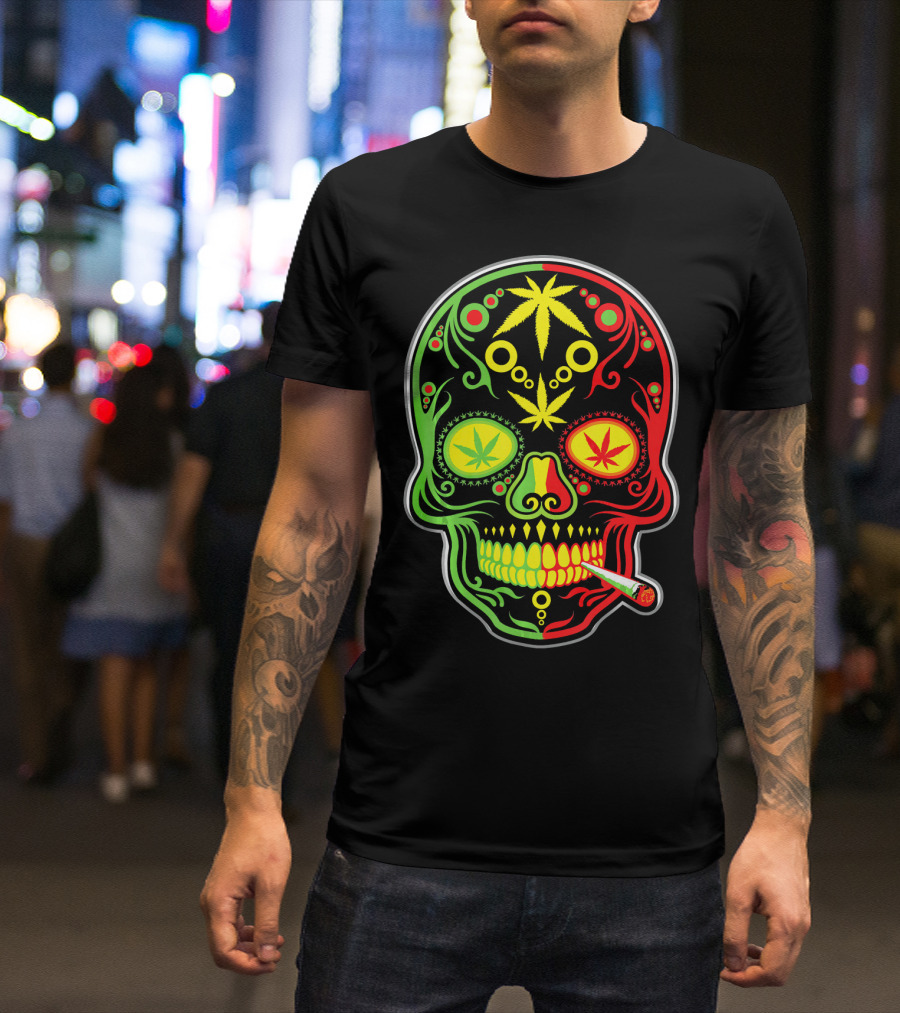 Weed Sugar Skull Marijuana Canna Rasta Colors T-Shirt