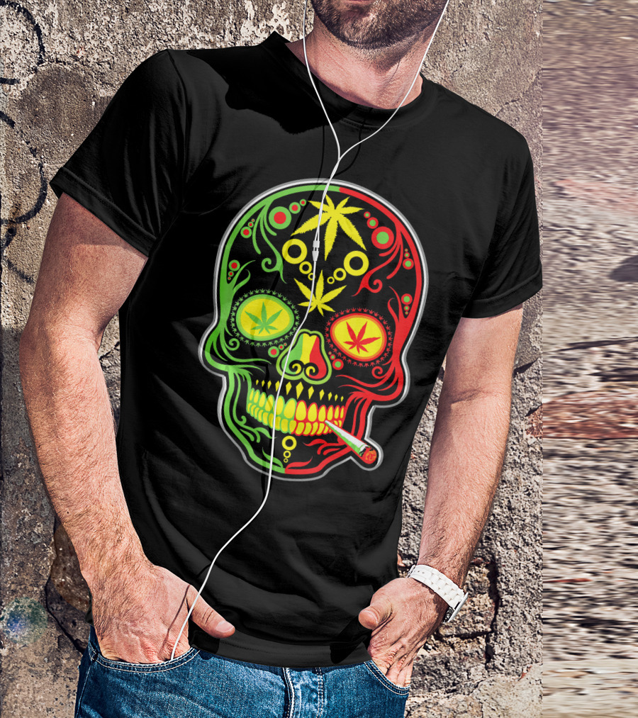 Weed Sugar Skull Marijuana Canna Rasta Colors T-Shirt