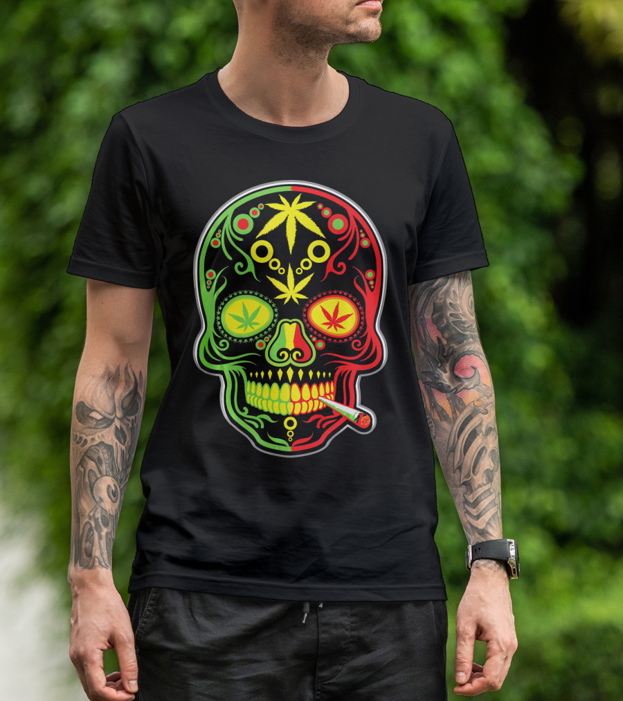 Weed Sugar Skull Marijuana Canna Rasta Colors T-Shirt