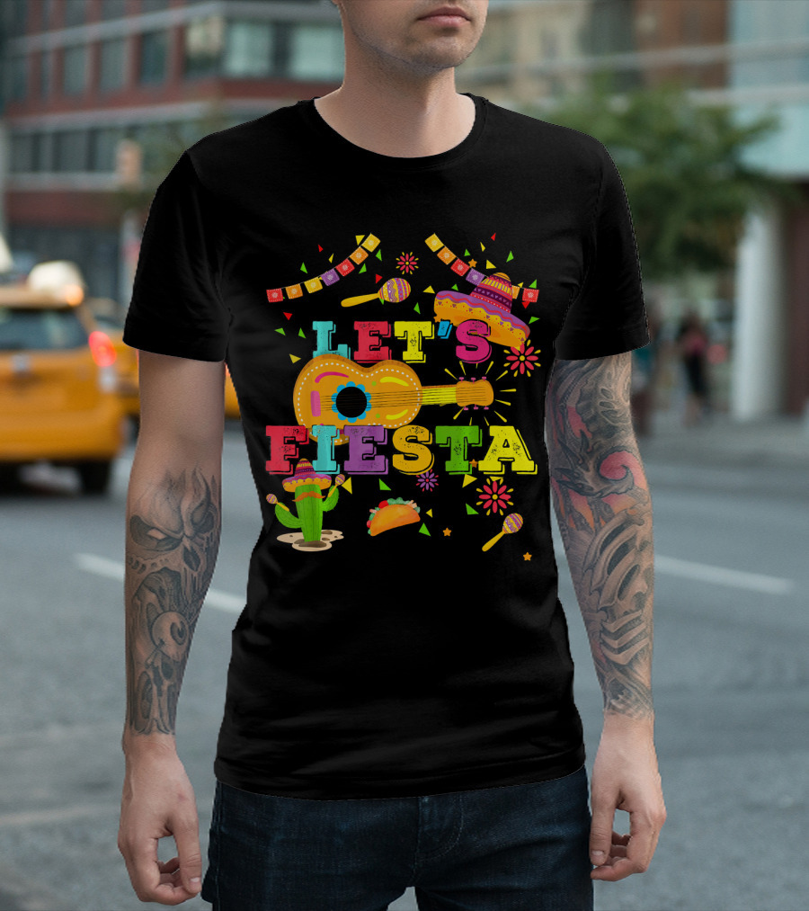 Let's Fiesta Cinco De Mayo Mexican Celebration Guitar Sombrero Maracas Taco Cactus Decorations T-Shirt