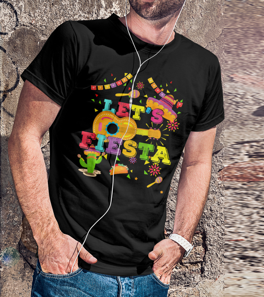 Let's Fiesta Cinco De Mayo Mexican Celebration Guitar Sombrero Maracas Taco Cactus Decorations T-Shirt