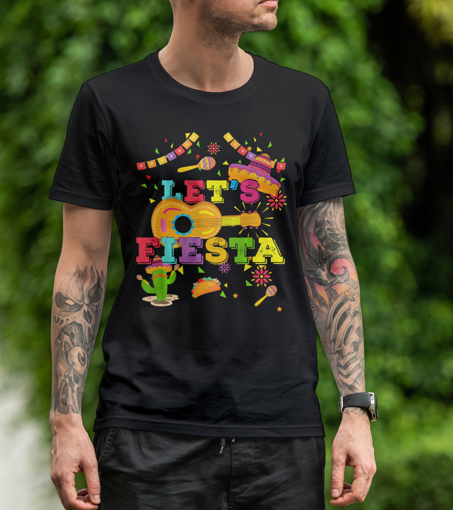 Let's Fiesta Cinco De Mayo Mexican Celebration Guitar Sombrero Maracas Taco Cactus Decorations T-Shirt