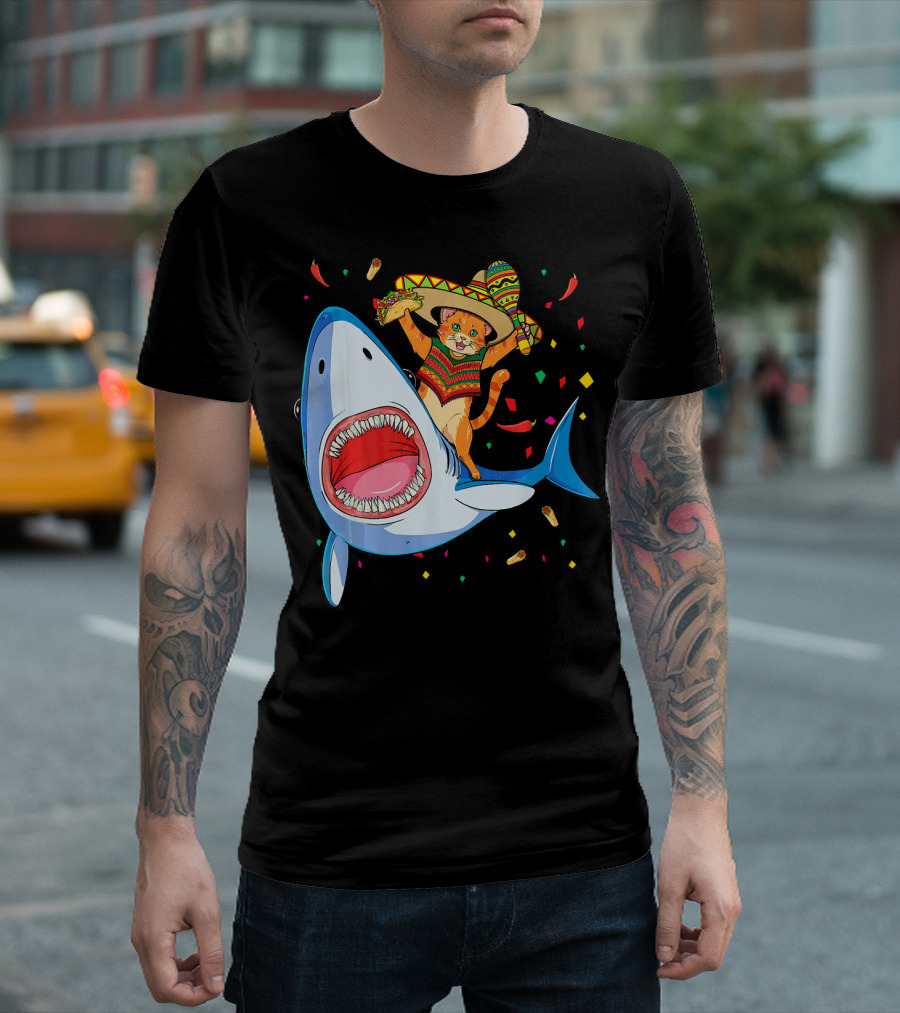 Funny Taco Cat Riding Shark Cinco de Mayo Sombrero T-Shirt