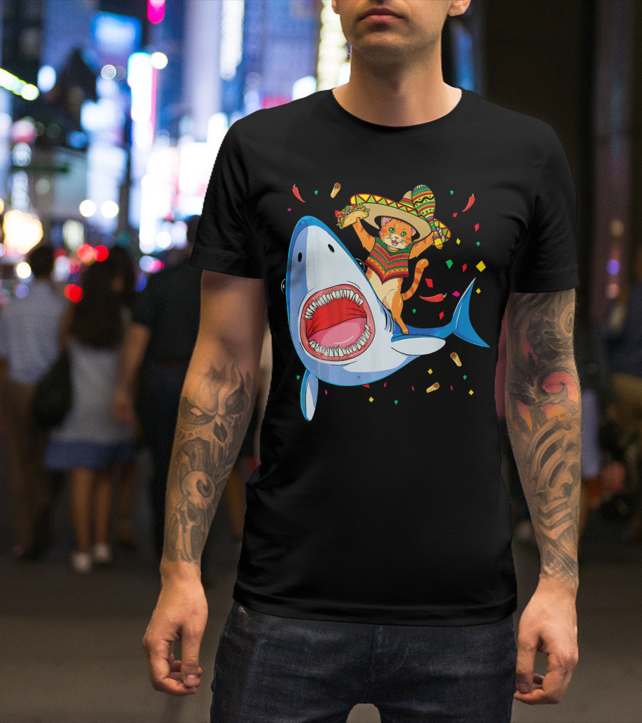 Funny Taco Cat Riding Shark Cinco De Mayo Sombrero T-Shirt