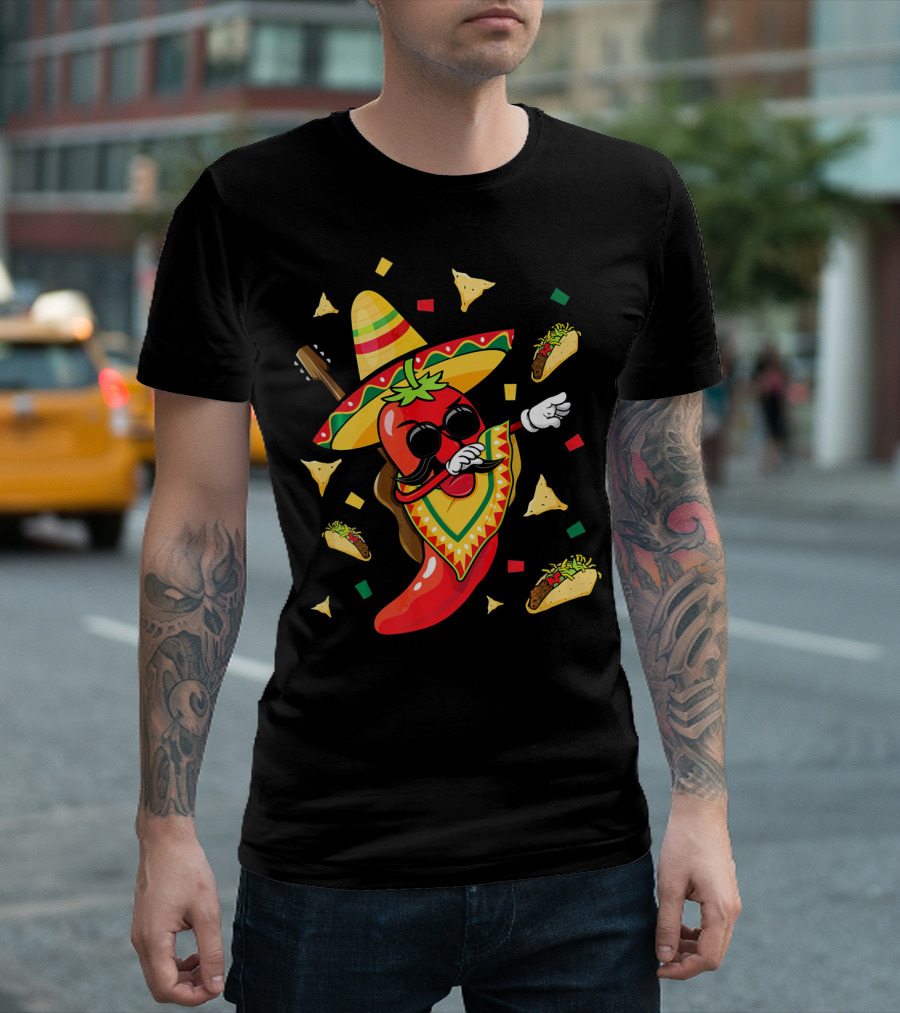 Mexican Sombrero Dabbing Jalapeno with Tacos and Nachos Fiesta Explosion T-Shirt