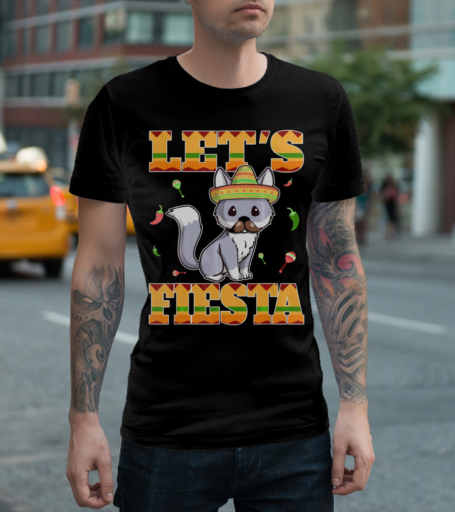Let's Fiesta Kitty Cat Cinco De Mayo Mexi Sombrero Peppers Maracas T-Shirt