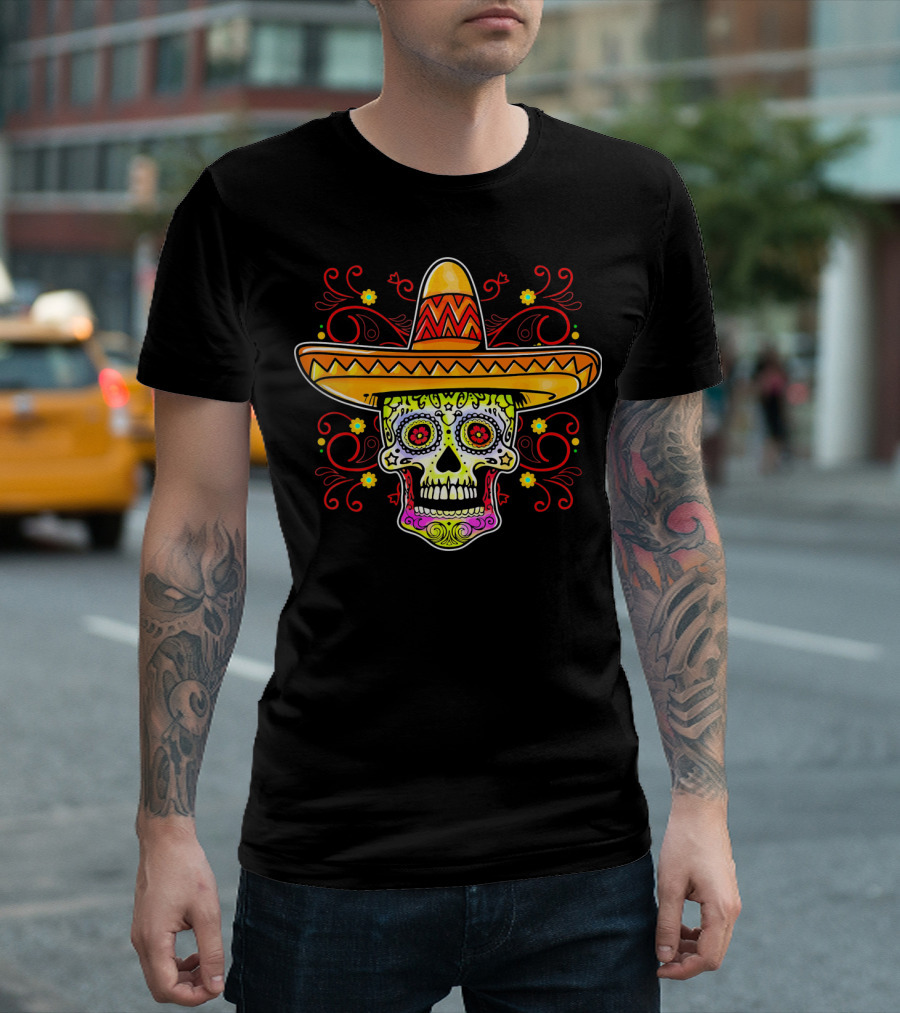 Sugar Skull Sombrero Colorful Floral T-Shirt