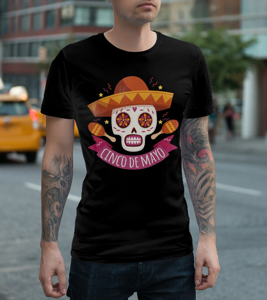 Cinco de Mayo Mexican Skull with Sombrero and Maracas T-Shirt