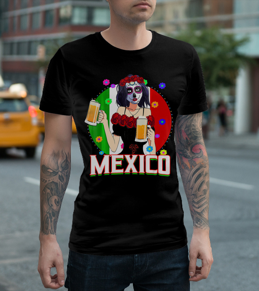 Cinco De Mayo Sugar Skull Woman Holding Beers Mexico Flag T-Shirt