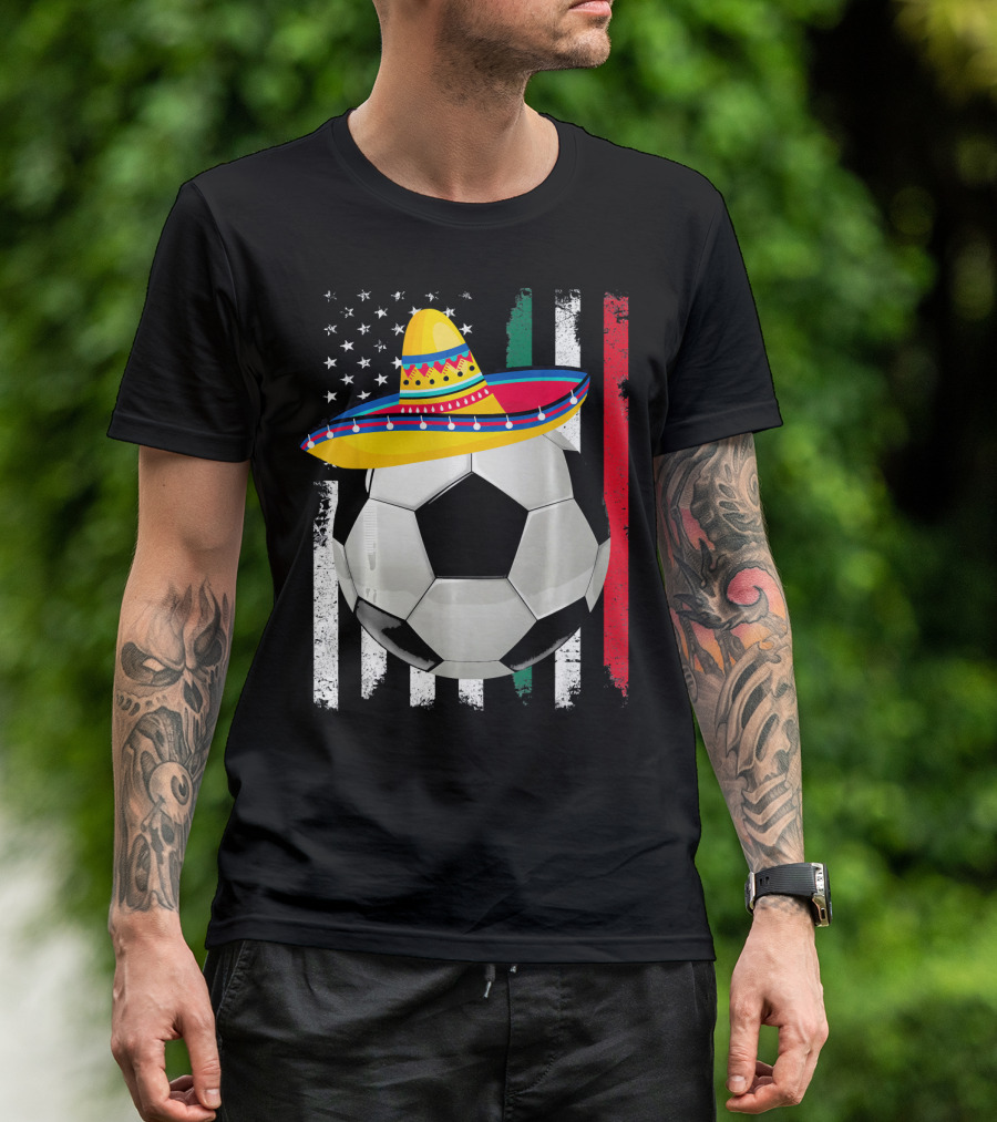 Cinco De Mayo Soccer Sombrero American Mexican Flags T-Shirt