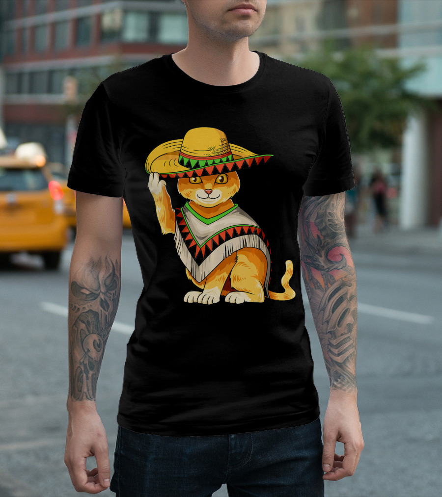 Mexican Cat Cinco De Mayo Cat Poncho Sombrero Fiesta T-Shirt