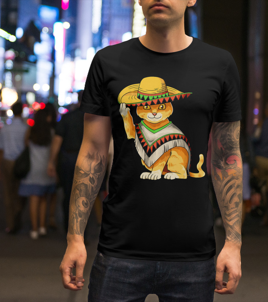 Mexican Cat Cinco De Mayo Cat Poncho Sombrero Fiesta T-Shirt
