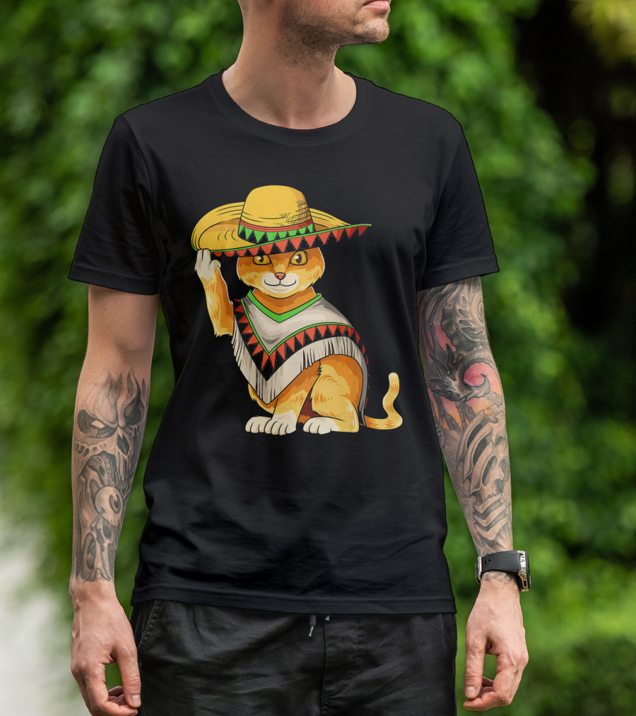 Mexican Cat Cinco De Mayo Cat Poncho Sombrero Fiesta T-Shirt
