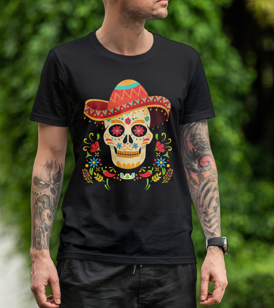 Day Of The Dead Skull Cinco De Mayo Sombrero Floral Fiesta T-Shirt
