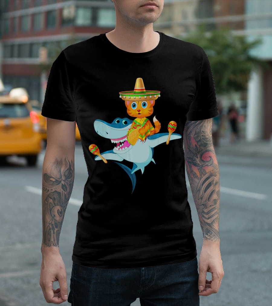 Funny Cinco De Mayo Cat Riding A Shark Sombrero Maracas Fiesta T-Shirt