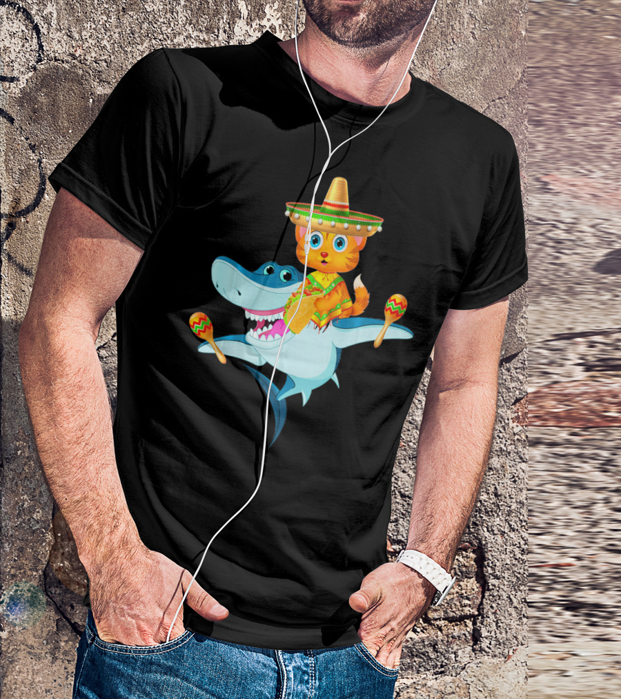 Funny Cinco De Mayo Cat Riding A Shark Sombrero Maracas Fiesta T-Shirt