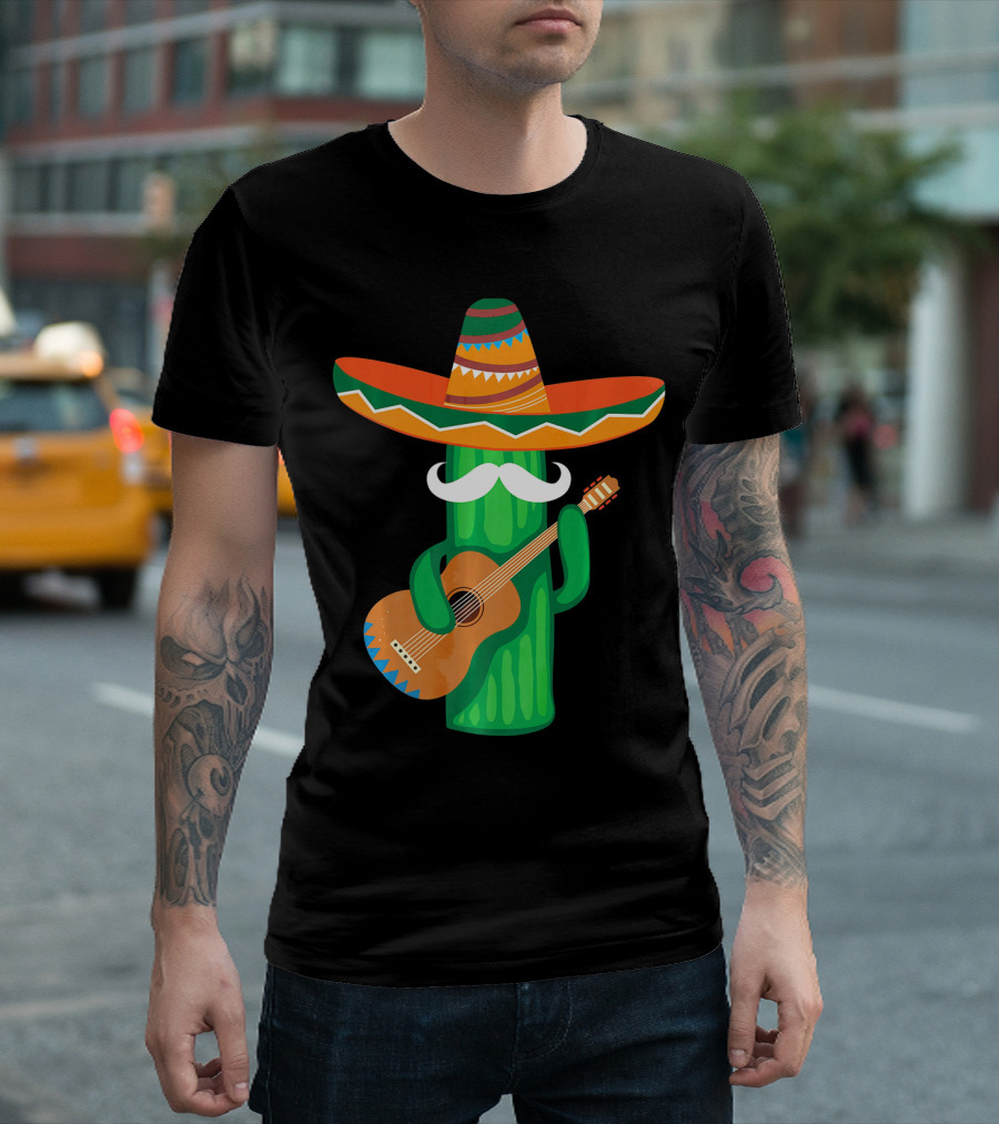 Mustache Cactus Sombrero Playing Guitar T-Shirt