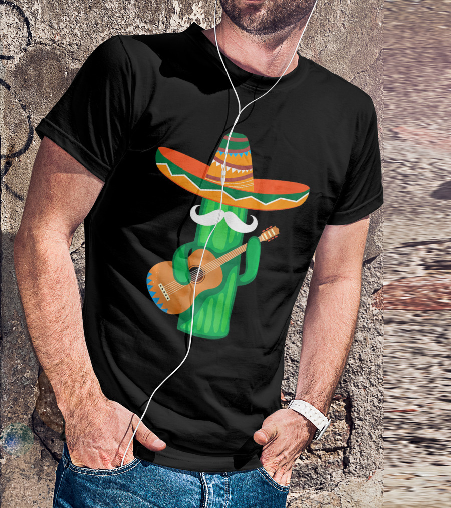 Mustache Cactus Sombrero Playing Guitar T-Shirt