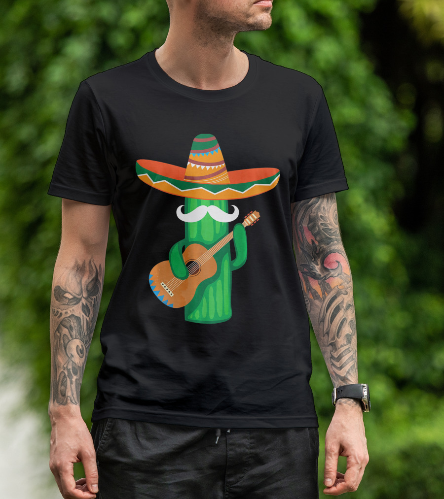 Mustache Cactus Sombrero Playing Guitar T-Shirt