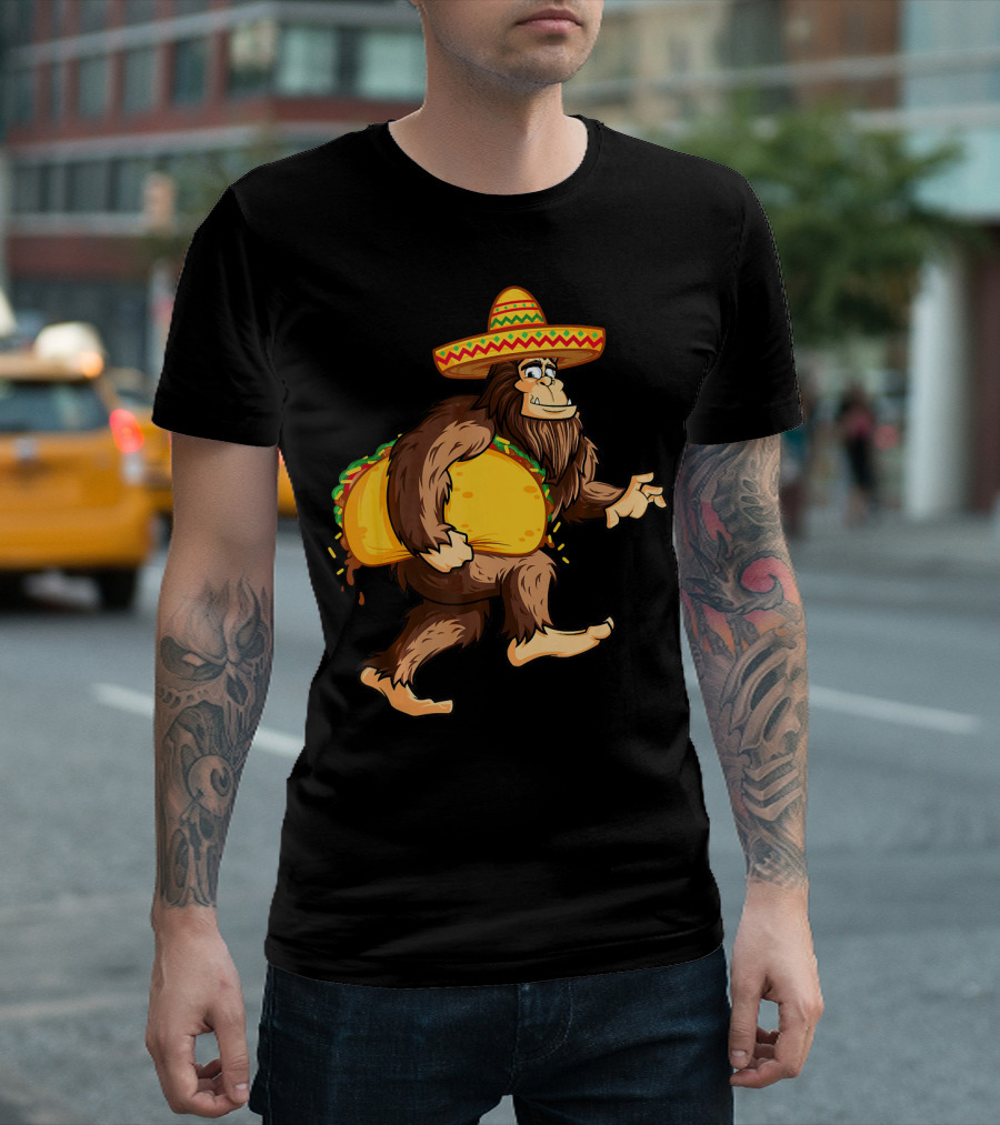 Bigfoot Celebrating Cinco De Mayo With Sombrero And Taco T-Shirt