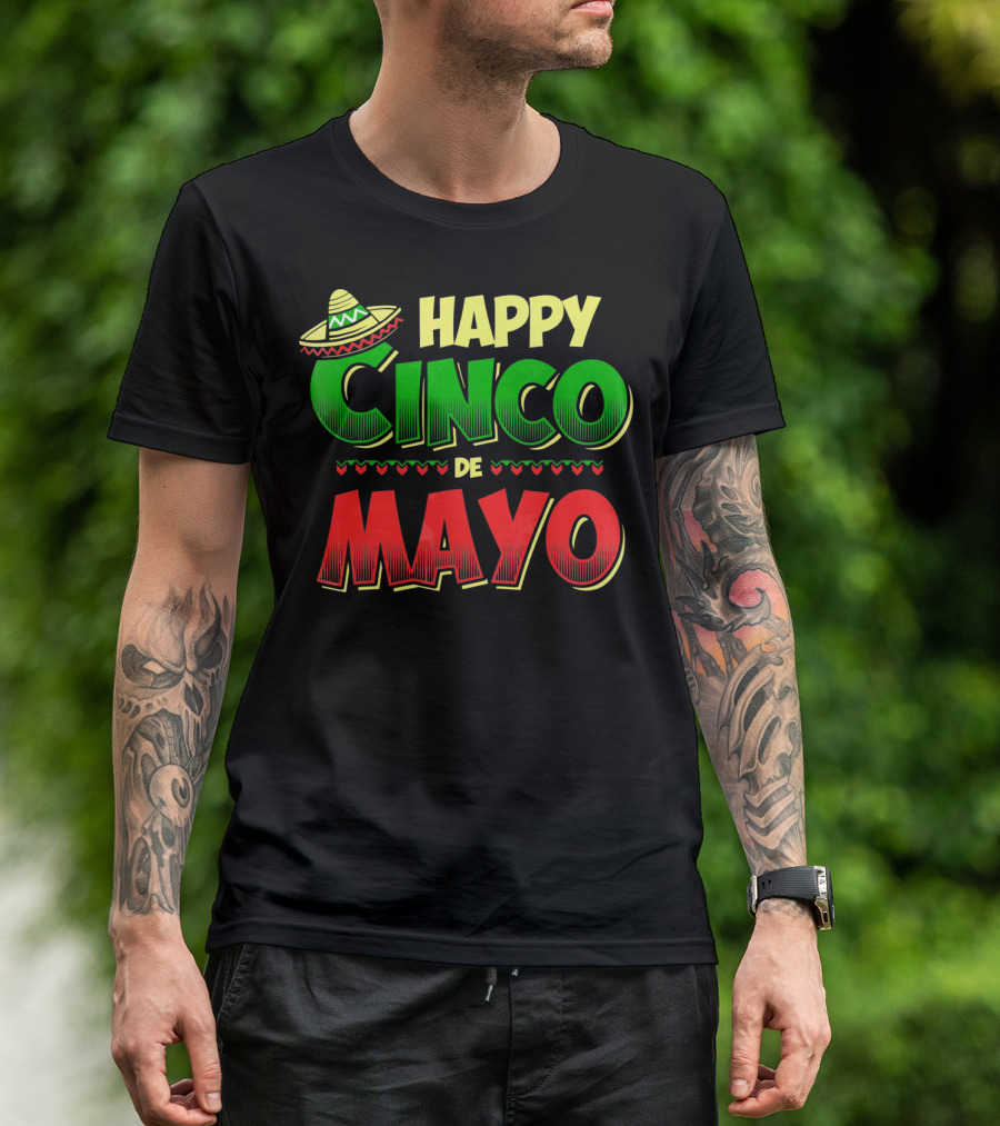 Happy Cinco De Mayo Sombrero And Festive Hearts T-Shirt