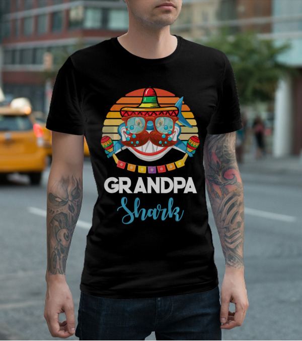 Grandpa Shark Cinco De Mayo Vintage Sombrero Maracas T-Shirt