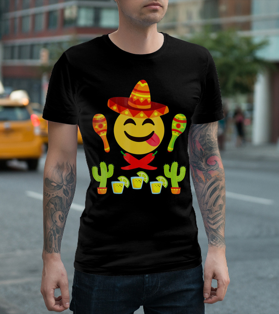 Cinco De Mayo Emoji Tongue Sombrero Cactus Maracas Peppers Lime Shots T-Shirt