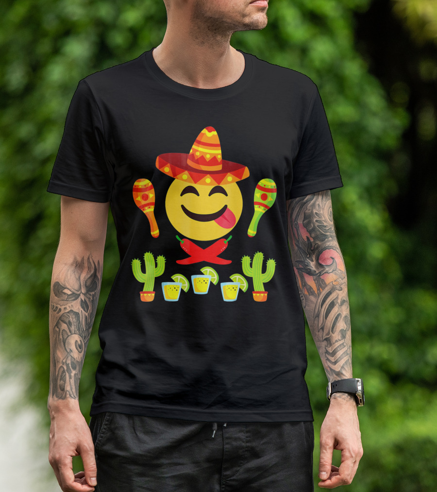 Cinco De Mayo Emoji Tongue Sombrero Cactus Maracas Peppers Lime Shots T-Shirt