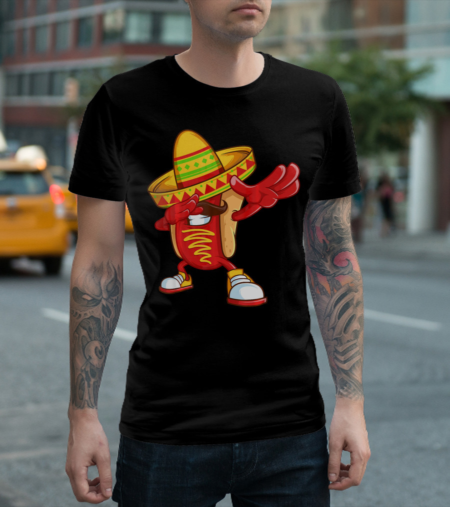 Funny Dabbing Hotdog Sombrero Mexican Cinco De Mayo T-Shirt