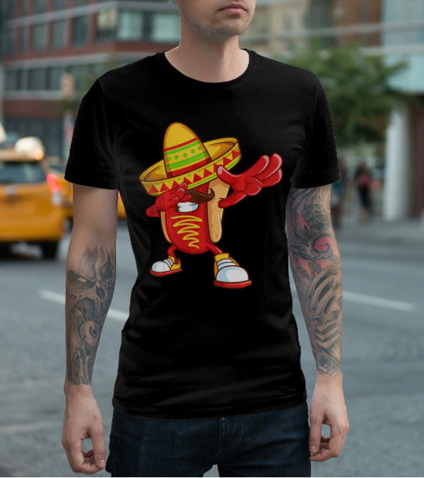 Funny Dabbing Hotdog Sombrero Mexican Cinco De Mayo T-Shirt