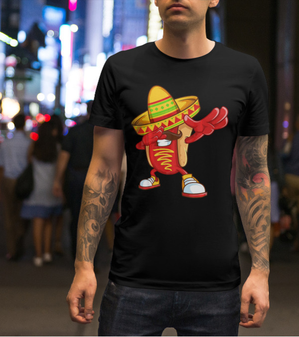 Funny Dabbing Hotdog Sombrero Mexican Cinco De Mayo T-Shirt