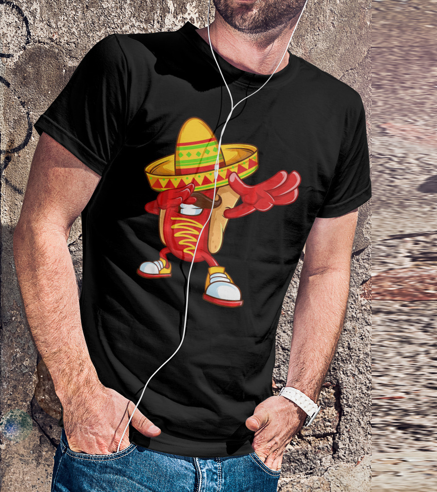 Funny Dabbing Hotdog Sombrero Mexican Cinco De Mayo T-Shirt