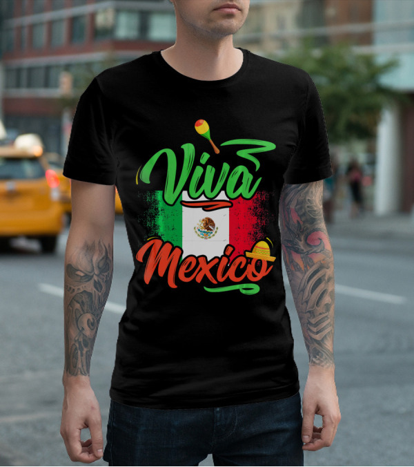 Viva Mexico Mexican Flag With Sombrero And Maraca Cinco De Mayo T-Shirt