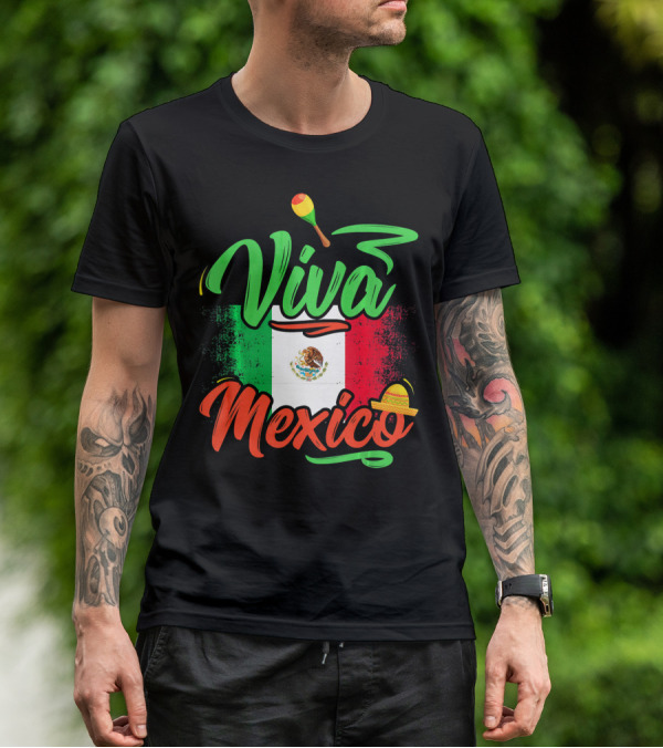 Viva Mexico Mexican Flag With Sombrero And Maraca Cinco De Mayo T-Shirt