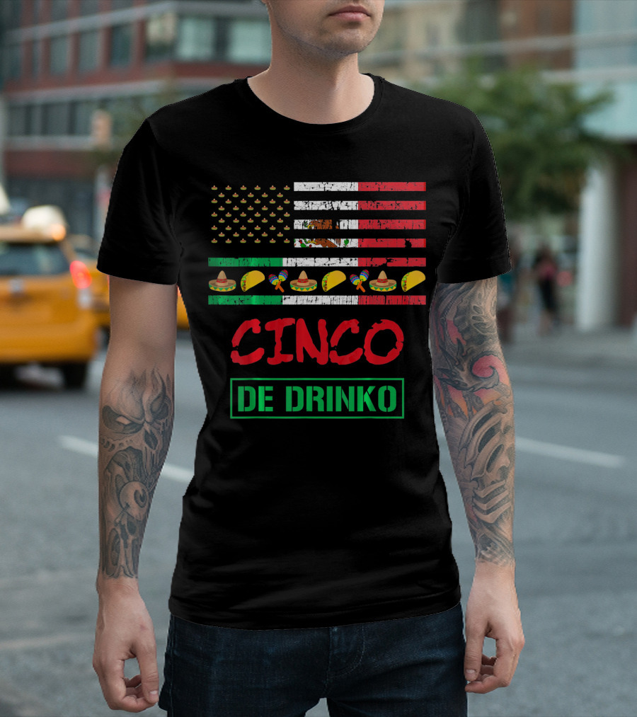 Cinco De Drinko Funny Mexico Flag Sombrero Taco Maracas Icons T-Shirt