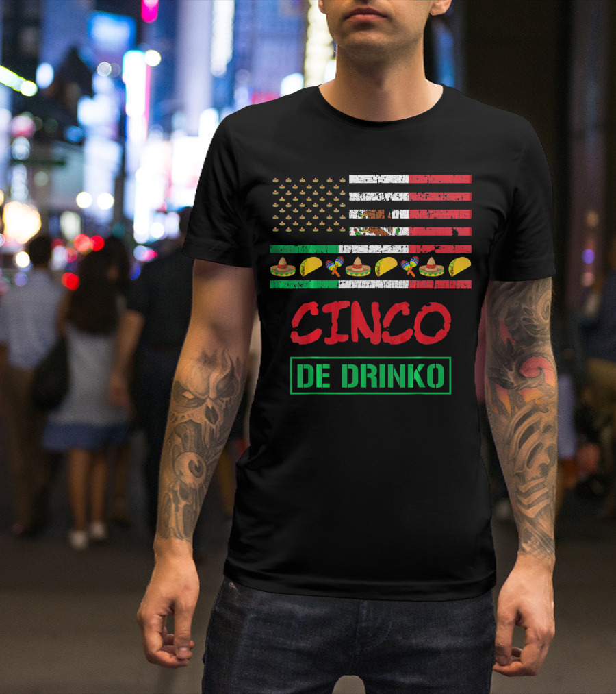 Cinco De Drinko Funny Mexico Flag Sombrero Taco Maracas Icons T-Shirt