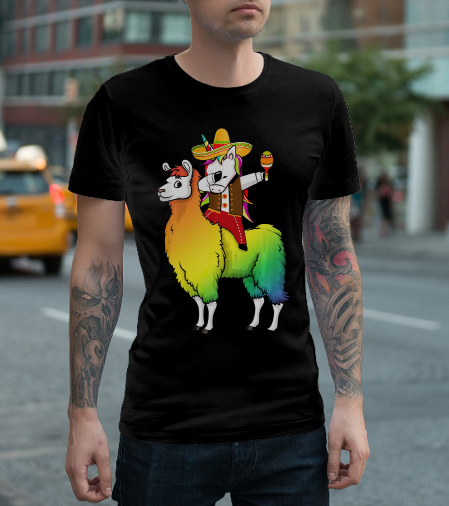 Unicorn Dabbing Riding Llama with Sombrero and Maracas Funny Cinco T-Shirt